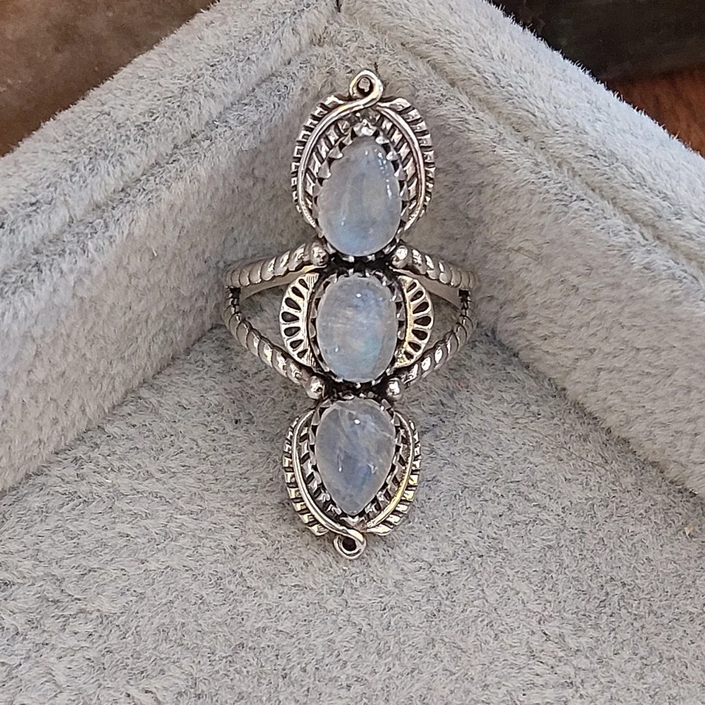 Triple Moonstone Solid Sterling Silver Ring